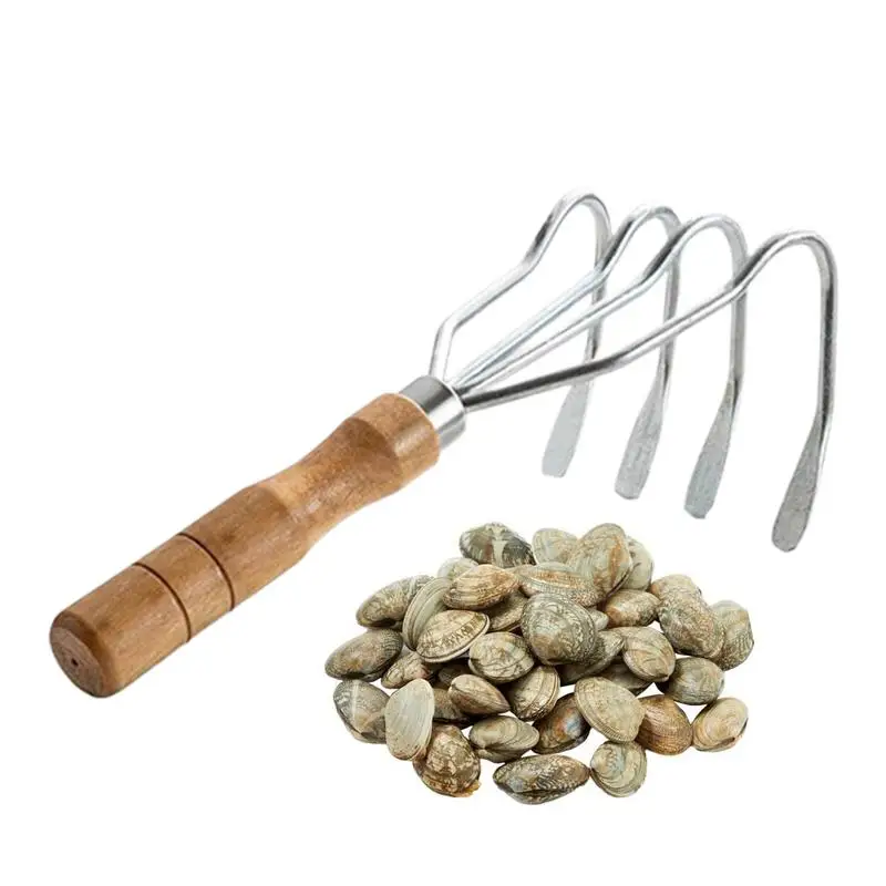 

Hand Rake Wooden Handle Clam Digger 4 Teeth Heavy-Duty Handheld Rake For Rock Treasure Lake Yard Shell Lawn Farm Beach Camping