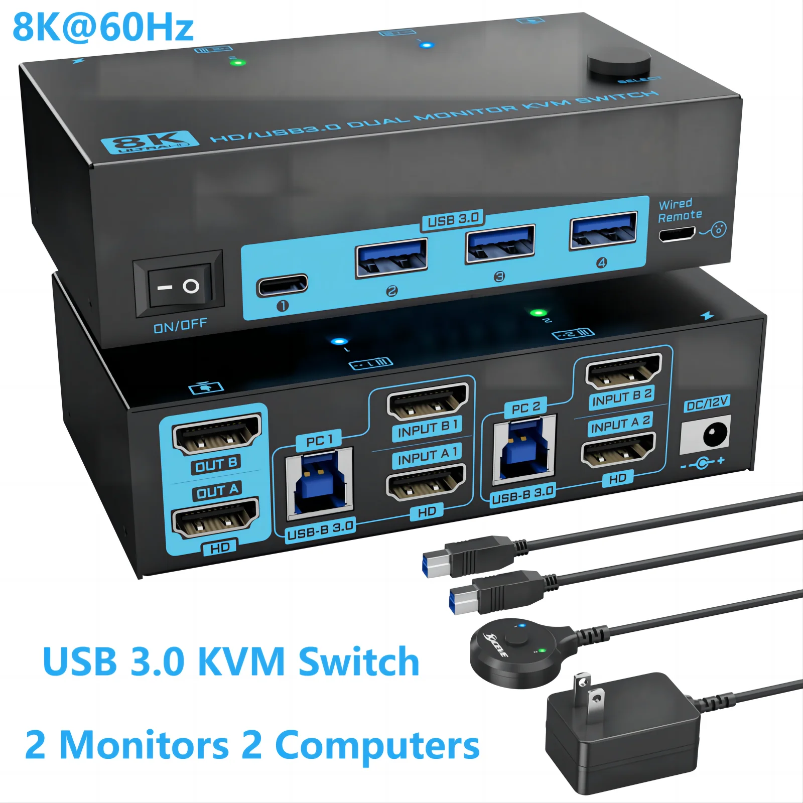 

8K 60Hz KVM Switcher 2 HDMI-compatible USB 3.0 Hub Switch Selector Docking Station Dock 2 Computers Share Device Monitor Hub