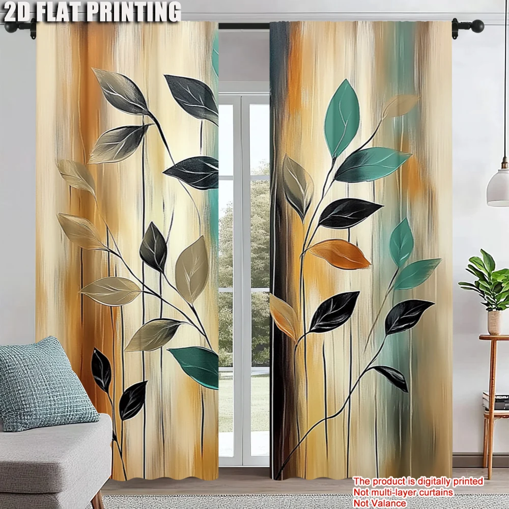 

2Pcs Aesthetic Window Curtain With Artistic Leaf Printed Contemporary Polyester Material Drapes For Bedroom Living Room Office