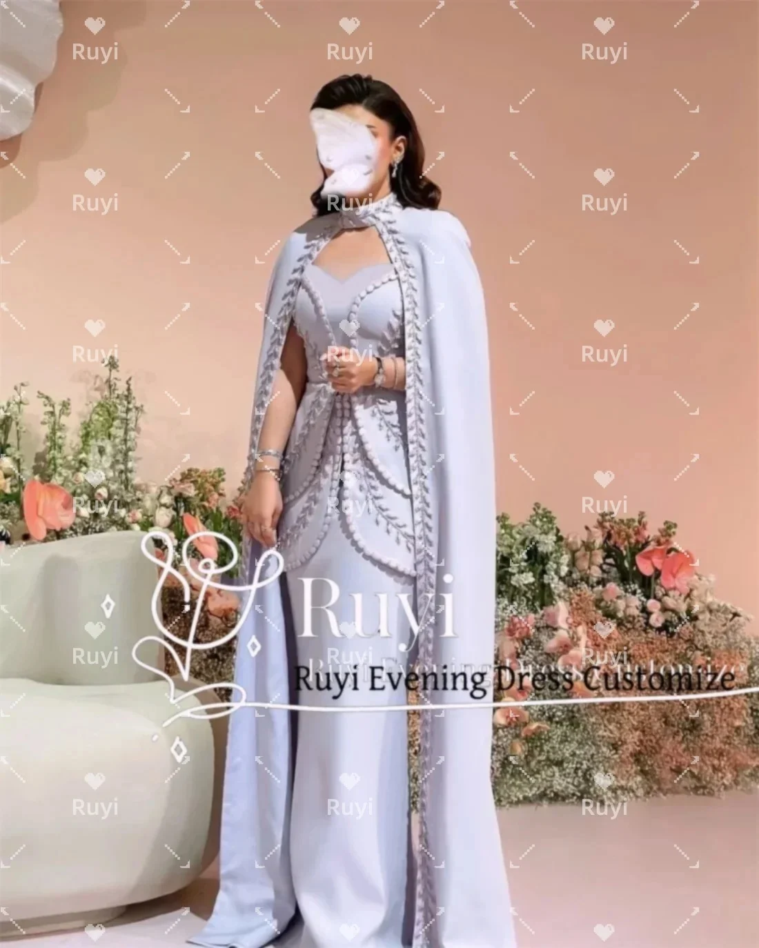 Customized Gorgeous Crepe Cloak Formal Evening Dresses Leaf Applique Sweetheart Neckline Buttons Prom Gown Arabia Wedding Gown image 2