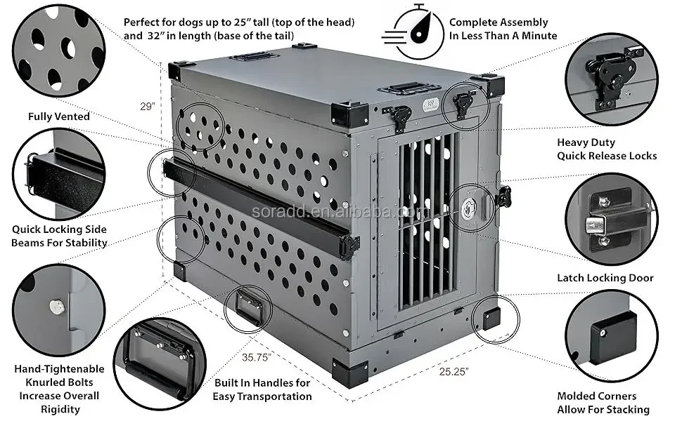 Grande caisse de transport de chien en aluminium d'aviation de luxe, pliable, robuste, ventilé, épaissi, roues, acier inoxydable 2024