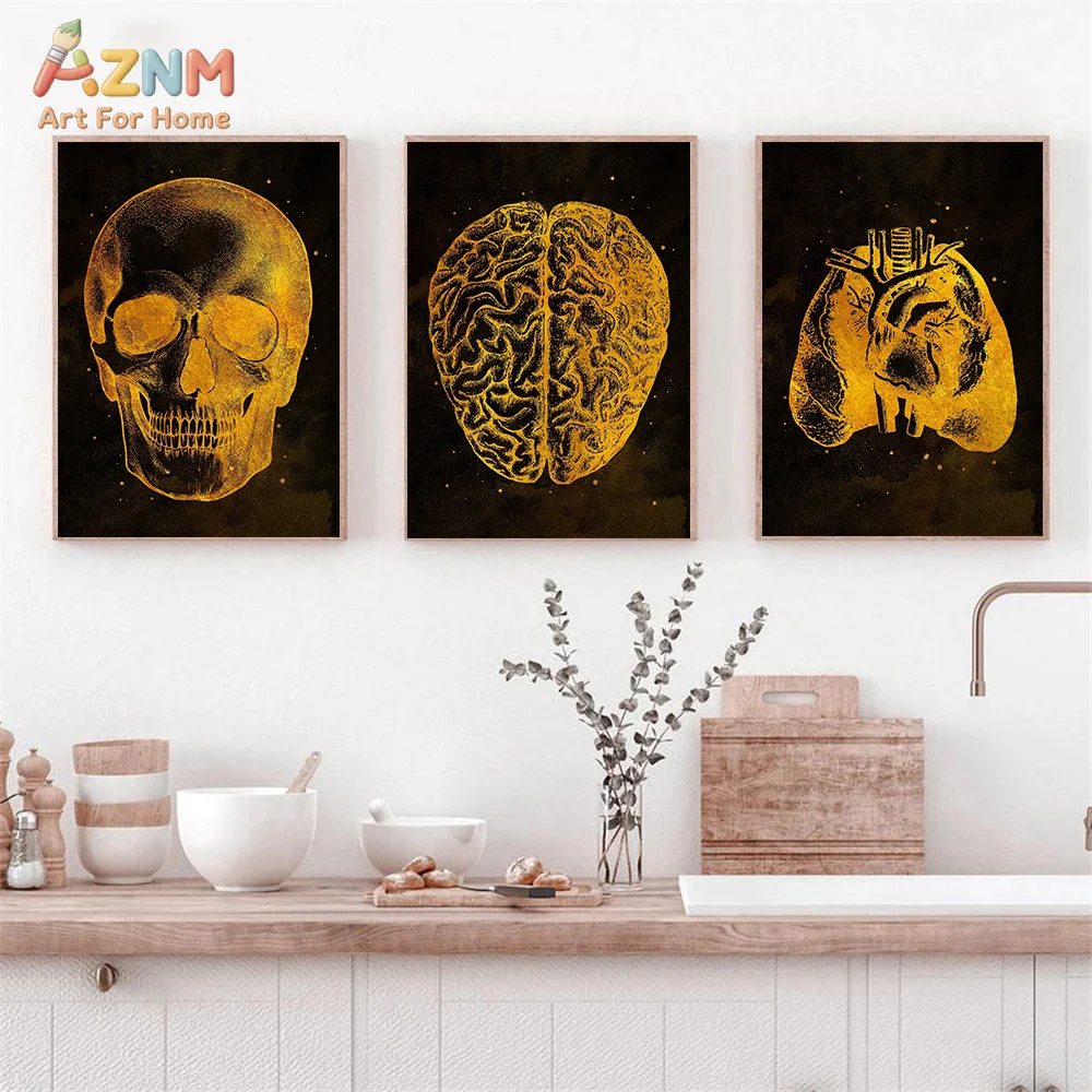 AZNM Golden Human Anatomy Canvas Print Skull Brain Heart Lung Teeth Skeleton Vintage Medical Black Background Wall Poster Unfram