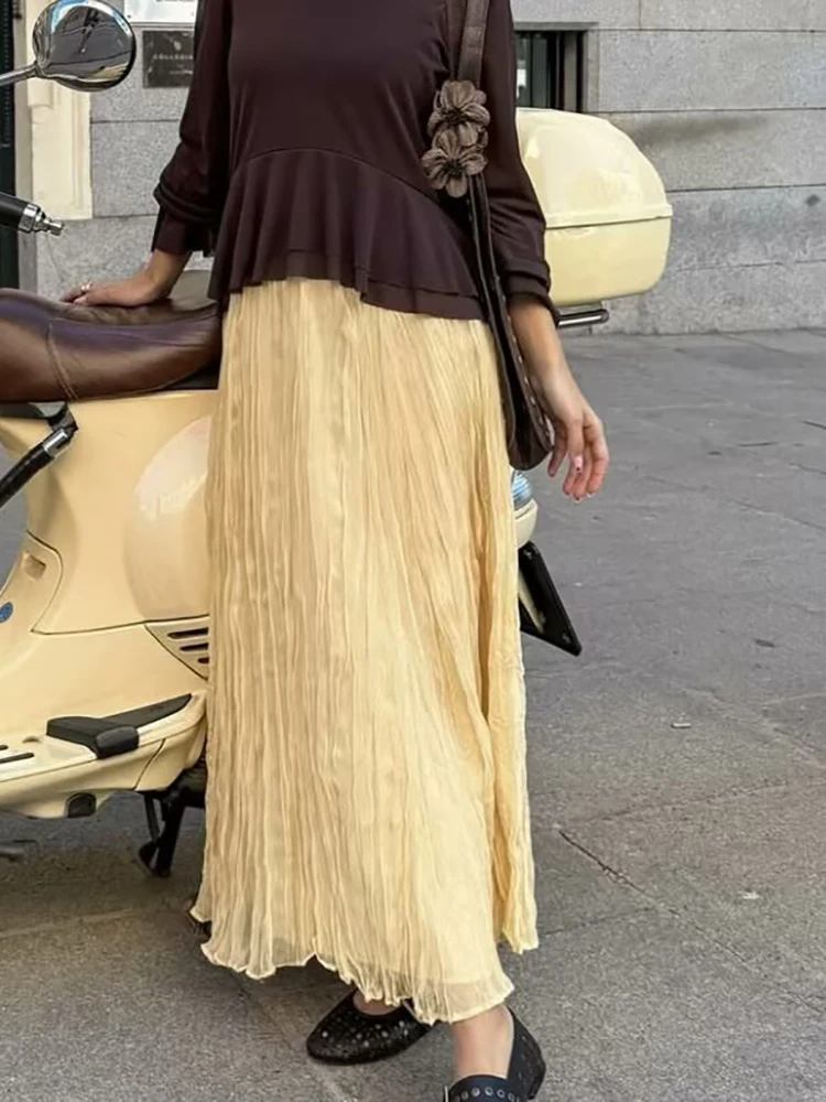 Vintage Women Elegant Yellow Pleated Skirts 2025 Fashion Ladies Sweet High Waist Skirt for Party Female Holiday Bottoms Chic
