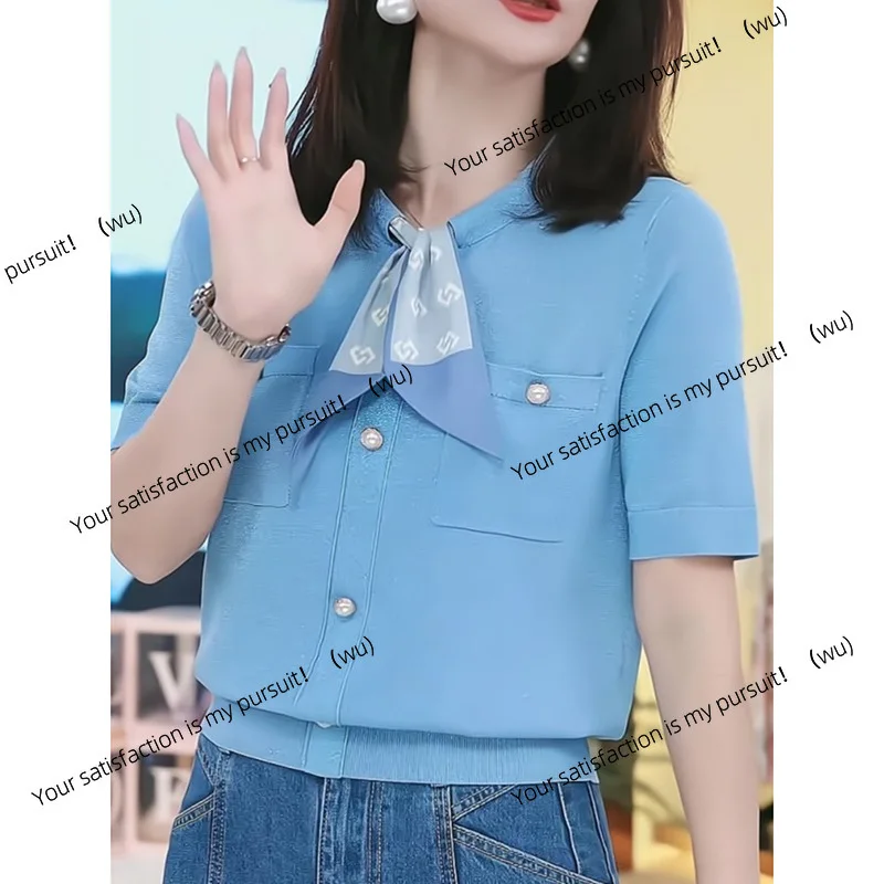 Atasan rajutan sutra Xiaoxiangfeng musim panas, tipis dan sejuk, awet muda, lengan pendek warna biru es untuk wanita