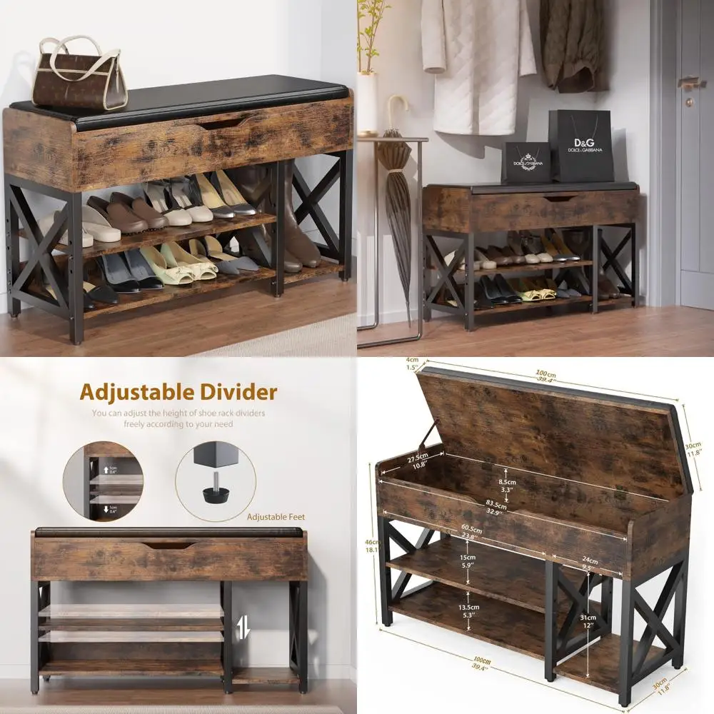 Скамья для хранения обуви из дерева и металла с подъемной столешницей, регулируемой полкой и подушкой для организации прихожей
