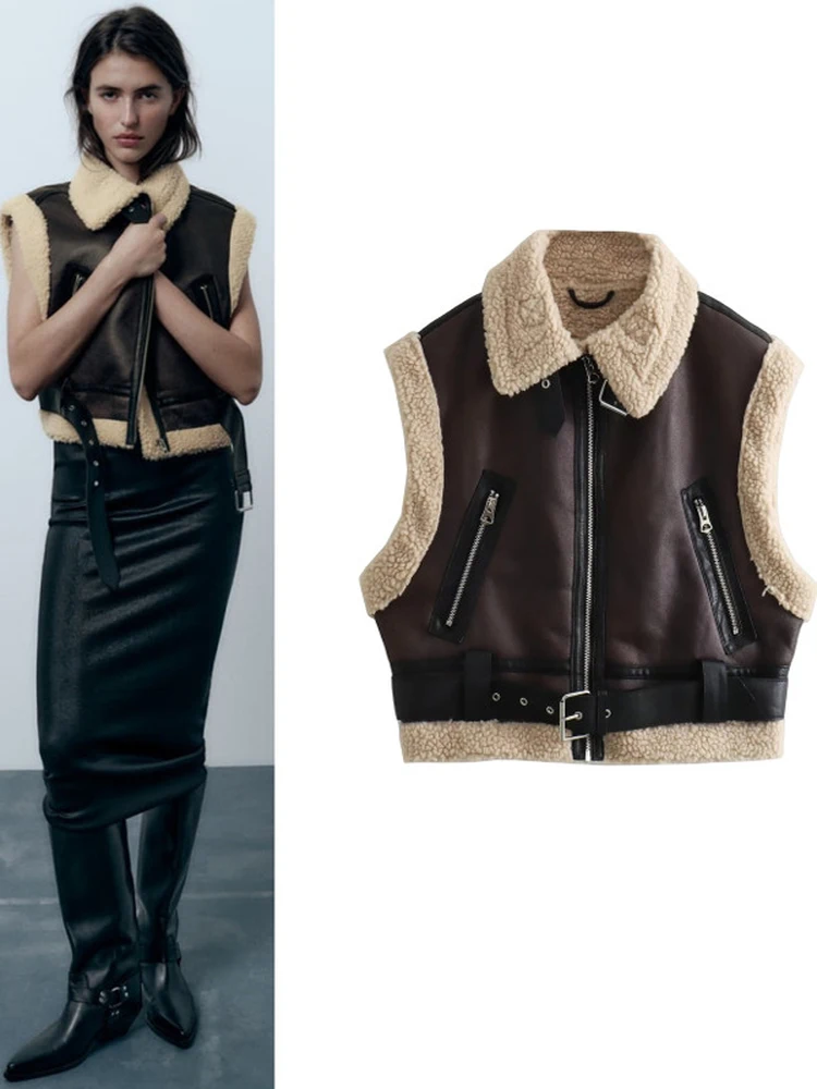 

Женский двусторонний жилет Fce Skin-and-Fur с интегрированным верхом, универсальный, с застежкой-молнией, чистый цвет, зима 2023,