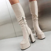 Checkered Pleated Side Zipper Women's Knee High Boots With Thick Heels Platform Stone Pattern Patch Soft Leather Boots - Image 4