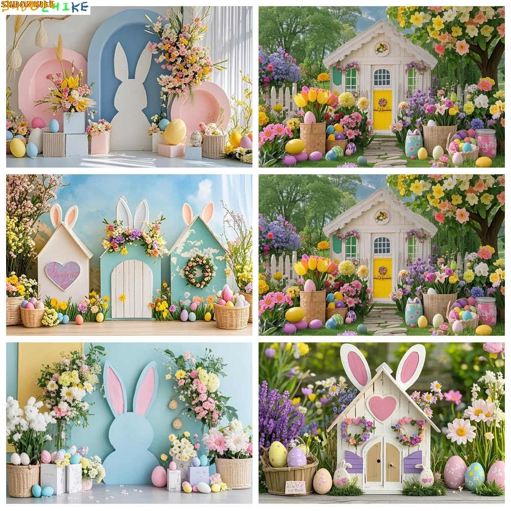 

Spring Colorful Floral Rustic Wall Easter Day Background Garden Flowers Birthday Party Rabbit Eggs Photography Backdrop VT-01