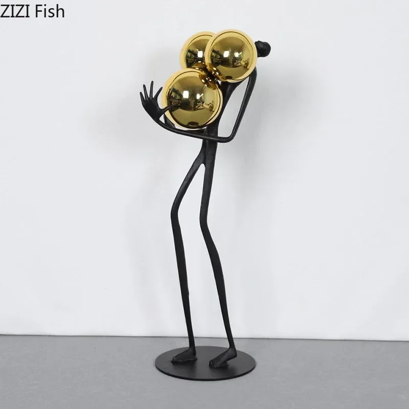 Minimalist Black Matchstick Men Ornaments Golden Ball Decorative Character Statue Desk Decoration Abstract Figure Sculpture