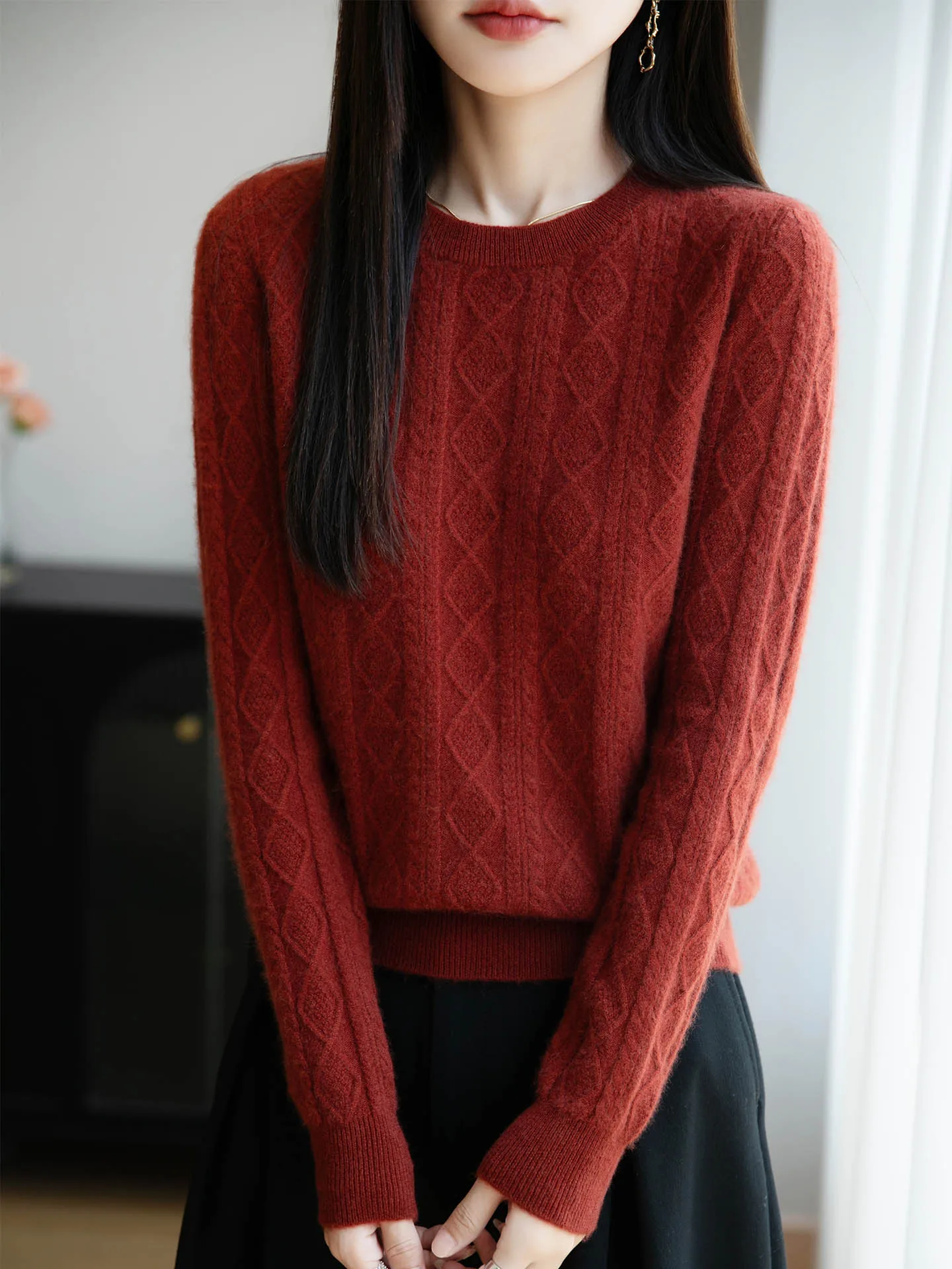 

Merino 100% Wool Women's Round Neck Pullover Autumn Winter Thick Casual Fashion Knitted Cashmere Sweater