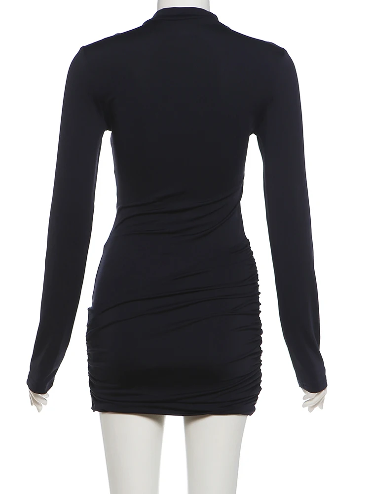 Weird Puss gestreiftes Dekorationskleid für Damen, O-Ausschnitt, Kreuzfalten, lange Ärmel, eng anliegend, hohe Elastizität, sportlicher Stil, Herbst, Mini-Bodycon – Detail 6