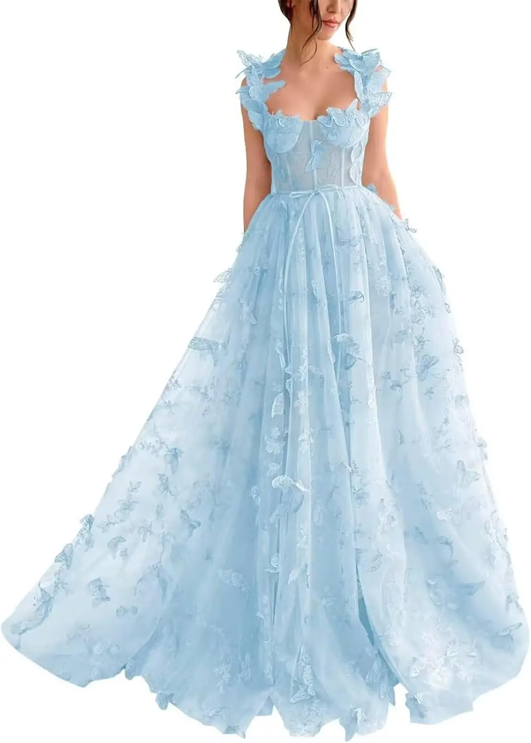 

3D Butterfly Prom Dresses Women Lace Applique Tulle Formal Dress Long Flowy Evening Party Gowns with Slit Luxury Dress