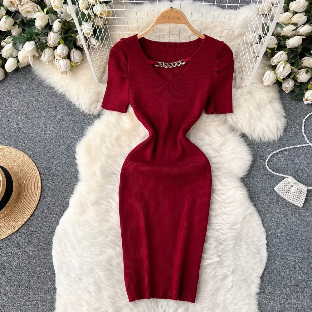 Chain Design Knitted Summer Dress Fashion Short Sleeves Korean Slim Dress Women Streetwear Elastic Short Party Mini Dress