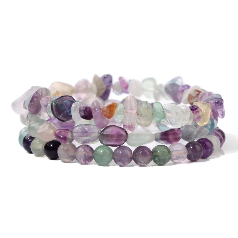 Irregular Natural Fluorite Beaded Bracelet 3Pcs/set Gravel Chip Round Raw Healing Stone Beads Bangles Set For Women Men Jewelry