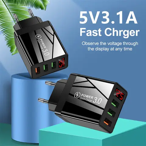 5V3.1A USB 충전기 빠른 충전 QC 3.0 LED 디스플레이 3 포트 iPhone 15 14 13 용 휴대 전화 충전기 12 Pro Max 삼성 태블릿 고속 충전