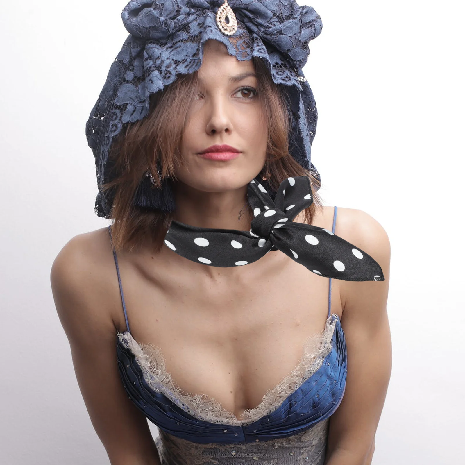 4 قطعة خمر البولكا نقطة الحرير للنساء ساحة وشاح الرأس الشعر التفاف موضة وشاح للرقبة عمامة شال الساتان هيرباند متعددة الاستخدام