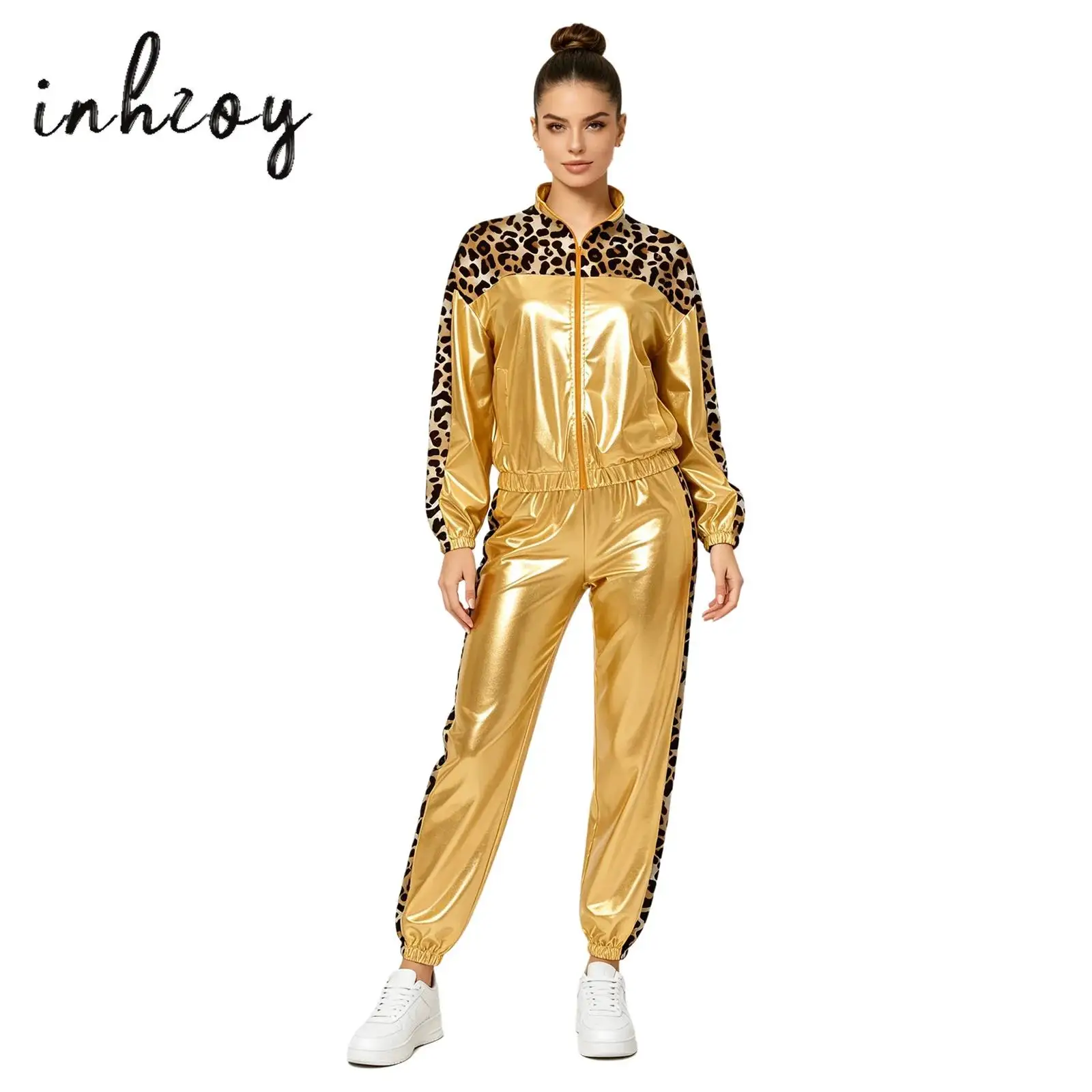 Women 70s 80s Disco Hip Hop Dance Outfit Long Sleeve Front Zipper Metallic Shiny Patchwork Jacket Outerwear and Jogging Pants