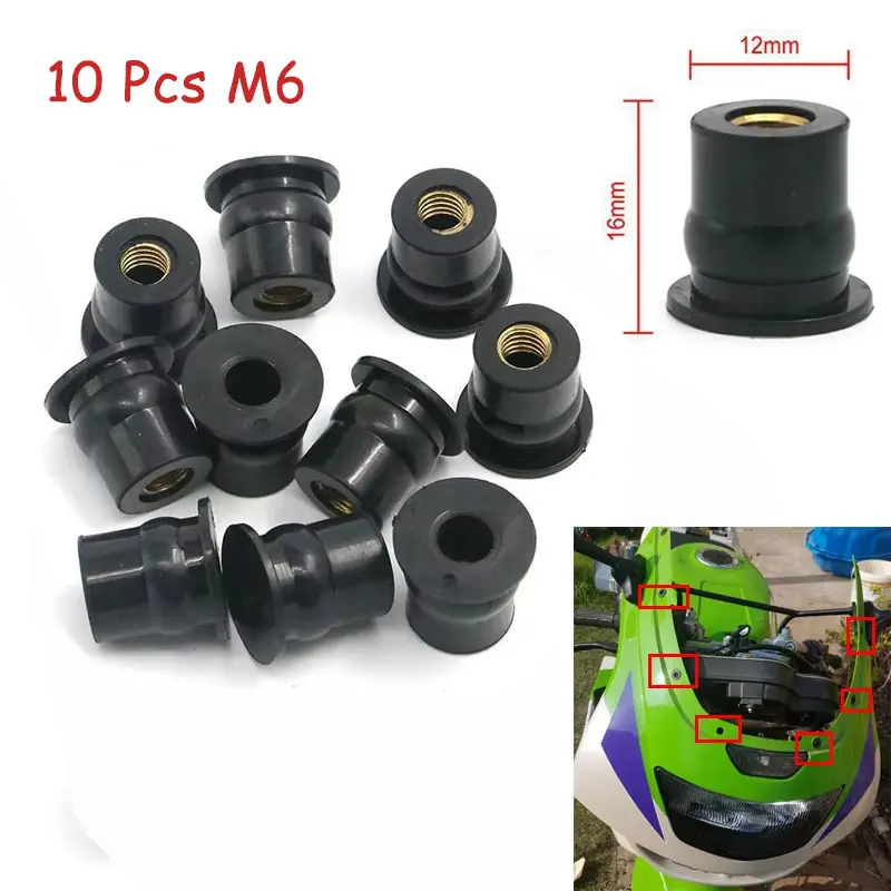 10 Piece Universal Motorcycle M6 6mm Rubber Well Nut Windscreen Wind screen Fairing Cowl Well Nut Bolts Screw 1/2\