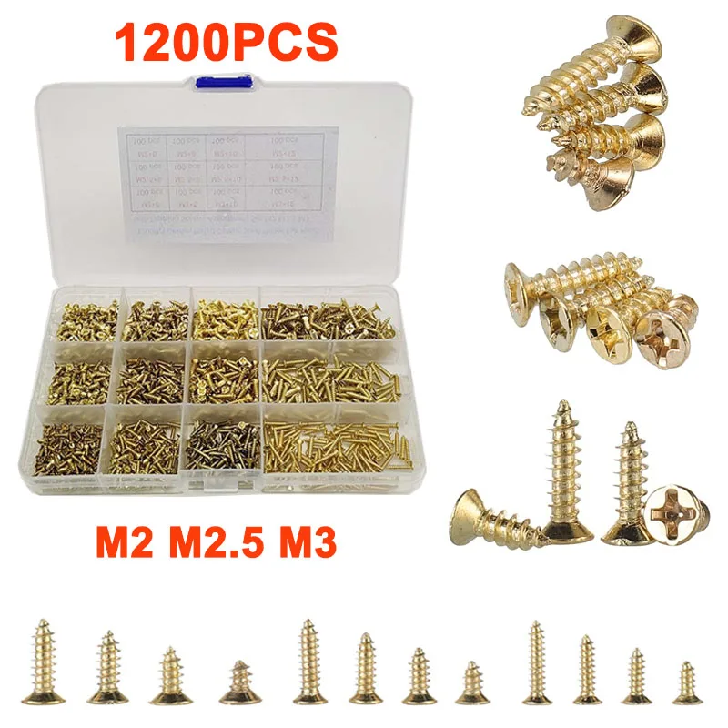 

1200pcs Micro Mini Small Screws Set M2 M2.5 M3 Phillips Flat Head Cross Self Tapping Tiny Screw Kit Cabinet Accessories Gold