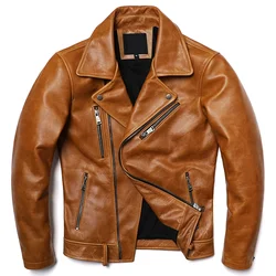 New Yellow Oil Wax Cowhide Thick Jackets Men's Genuine Leather Jacket Motorcycle Oblique Zipper Coat Slim Fit Clothing
