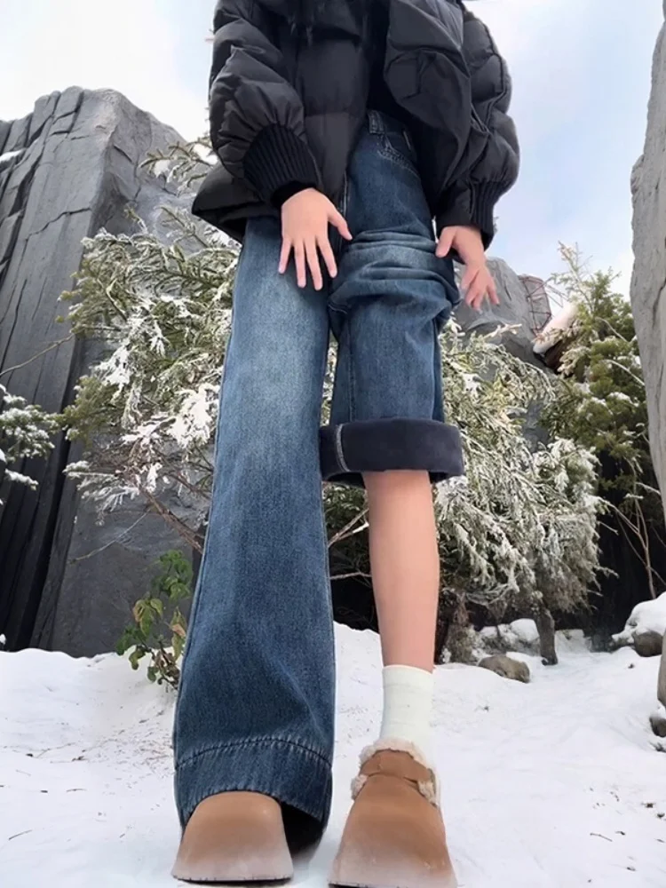 

Женские джинсы больших размеров на флисовой подкладке, теплые, осенне-зимние, свободные, с высокой талией, прямые, широкие штанины, Cleanfit Sle