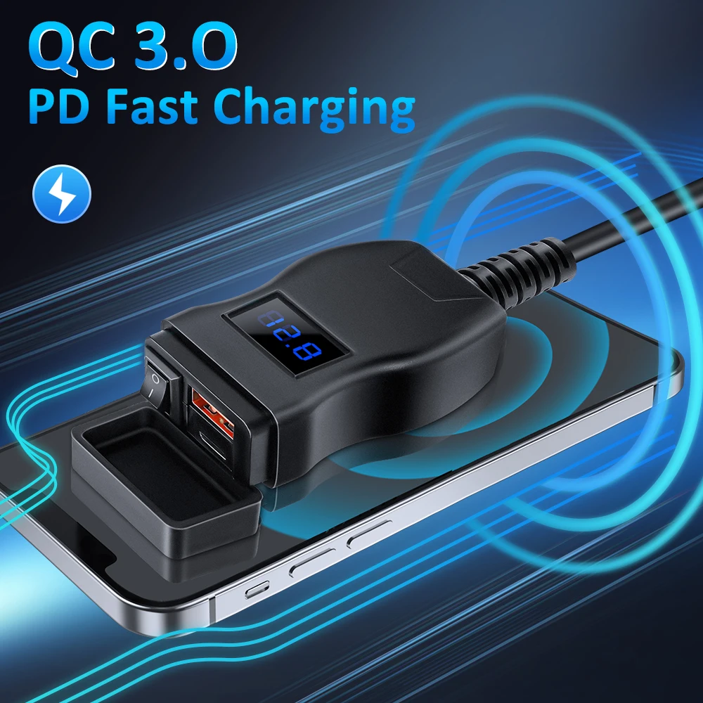 PD QC3.0 دراجة نارية USB شاحن خلوي سريع مقاوم للماء نوع C ميناء موصل مقبس مع خلية المحمول الفولتميتر شاحن رقمي