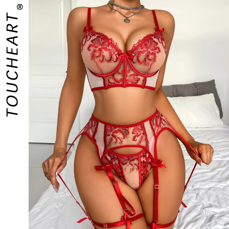 

Toucheart Sexy Clothes Women Lingerie Hot Underwear Fancy Uncensored Sexy Floral Lace Perspective Hollow Lingerie 4-piece Set
