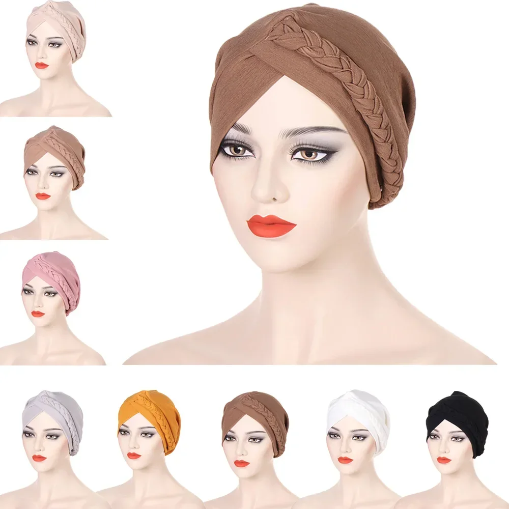 

Forehead Cross Turban Bonnet For Women Pure Color Top Knot Braid Inner Hijabs Indian Wrap Hijab Underscarf Caps Muslim Headdress