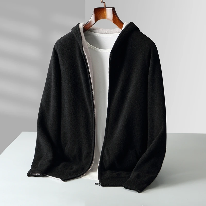 Autunno e inverno nuovi uomini double-face indossati felpe con cappuccio in cashmere imbottito cardigan cappotti caldi casual lavorati a maglia