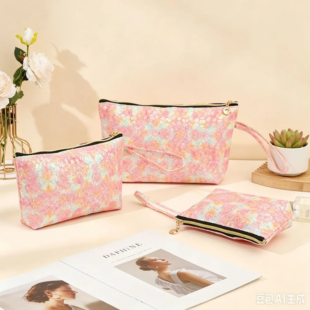 Sparkling Sequin Lace Makeup Bag 3 Sizes Set Color Contrast Zipper Pouch With Wrist Strap Travel Cosmetic Storage Bag For Women