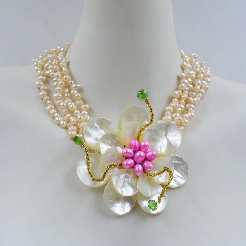 pretty 4 strands of 6mm AAA natural pink Baroque pearls. Handwoven Shell Flower Necklace 20”