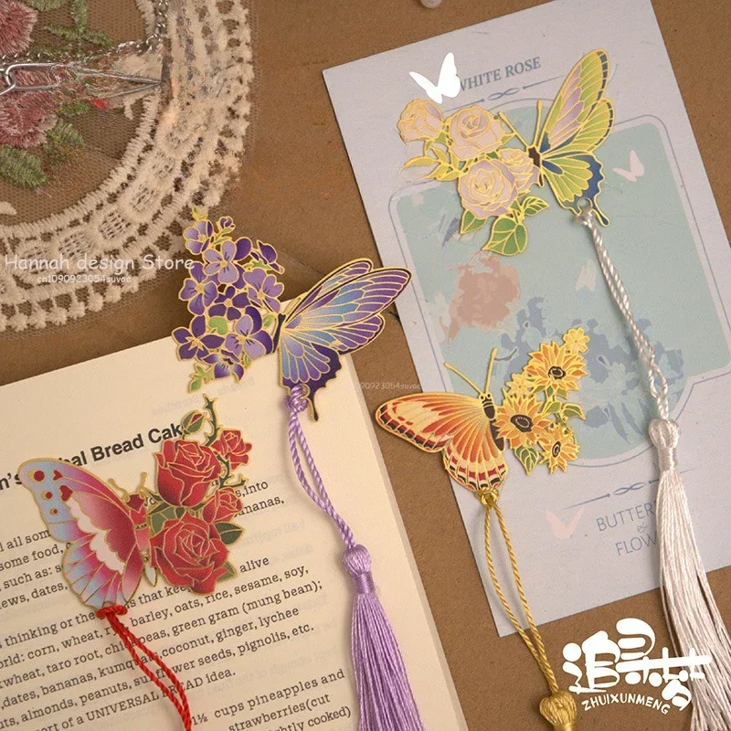 Chinese Style Metal Butterfly Flower Bookmarks Exquisitely Hollow Tassel Pendant Book Clip Students Reading Tool School Supplies