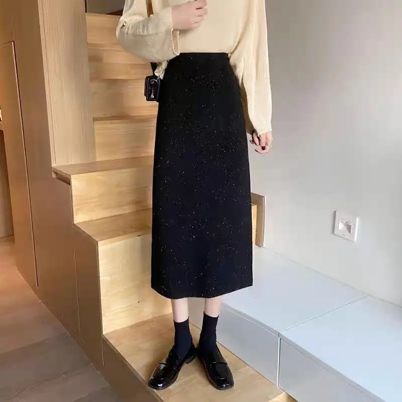 Autumn and Winter Women's A-Line Split Mid Length Wrap Hip Skirt High Waist Slim Bright Silk Fashion Office Lady All Match Skirt