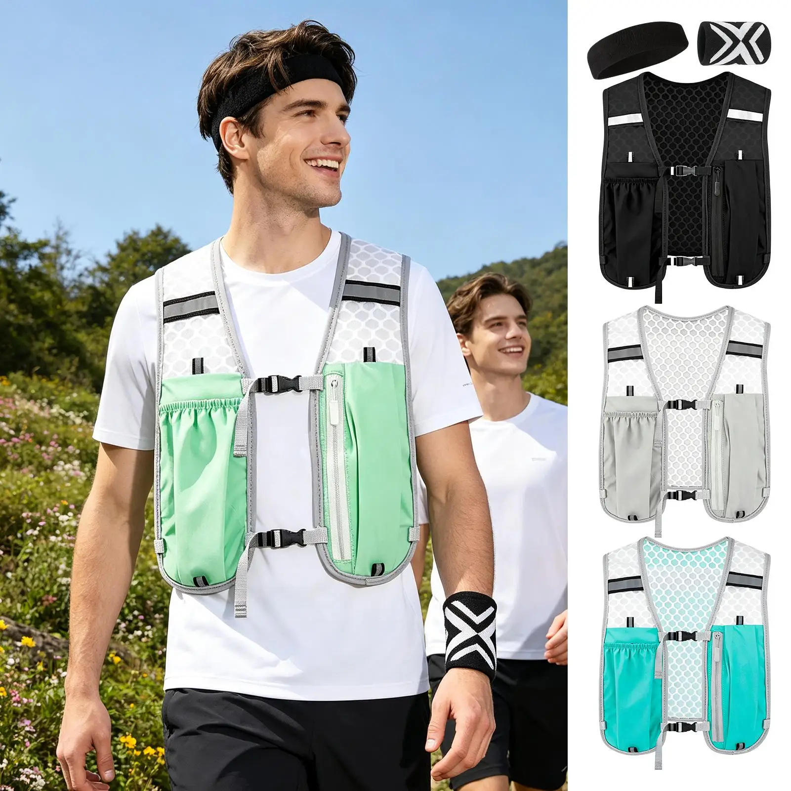 Night Running Vest Sports Gear With Headband And Wristband Breathable Running Vest For Men Women Outdoor Trail Training Fitness