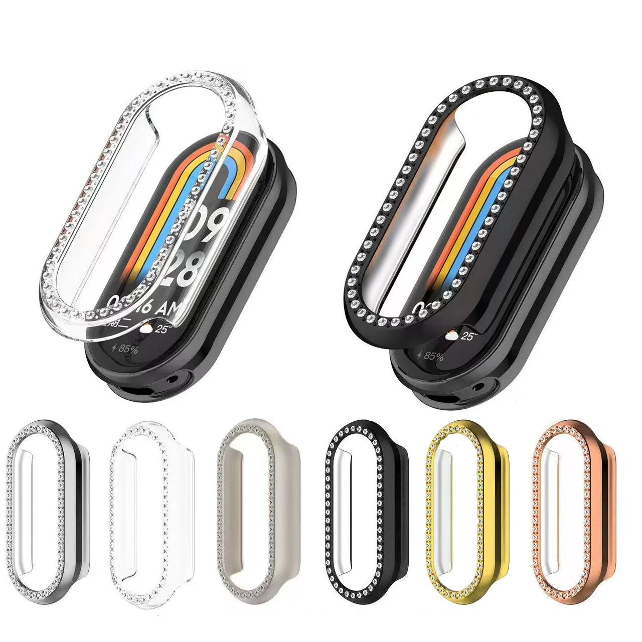 Suitable for Xiaomi Mi Band 8/8Nfc/9 Ceramic Version Diamond-Encrusted Protective Case Xiaomiband8/8Nfc/9 Ceramic Version Hollow Pc Half-Cover Case Single Row Diamond Hard Case V