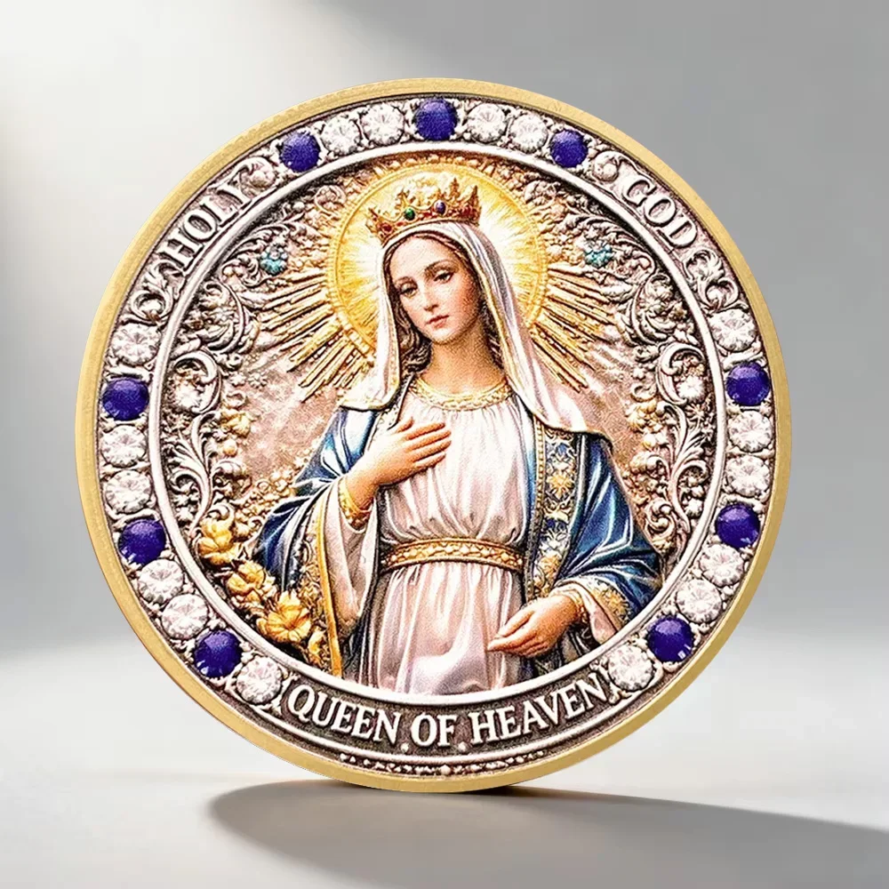 Queen Of Heaven Virgin Mary Commemorative Coin The Lord's Prayer 3D Relief Gold Plated Inlaid Crystal Collectible Coin