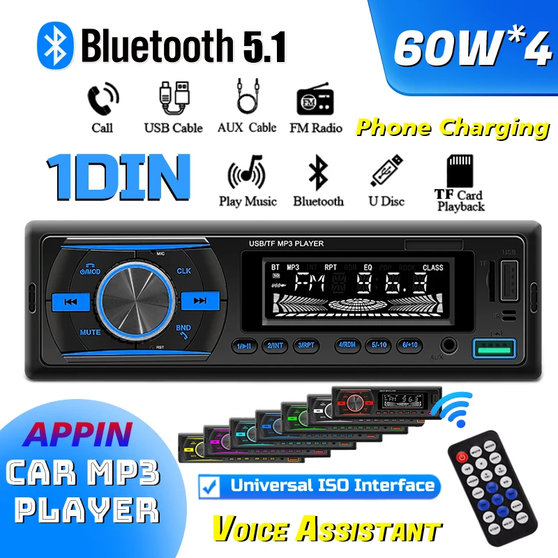Car Mp3 Bluetooth Player Radio Audio Seven Color Light 12v High Power Fm/Aux/Usb Flash Disk Machine High Fidelity Phone Charging