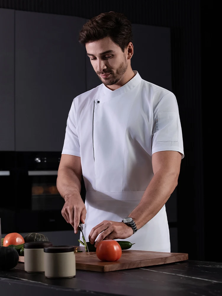 قميص أسود أبيض لطهي الطعام، معطف طاهٍ للمطبخ، زي عمل معجنات الخباز، ملابس الفنادق، سترة كوك قطنية راقية