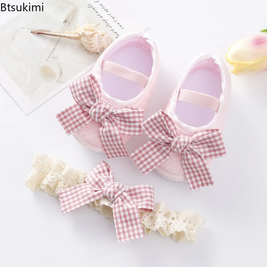 Spring Autumn New Newborn Baby Cute Bow Soft Sole Comfortable Anti Slip Learning Shoes 0-18 Months Old Baby with Bow Headband