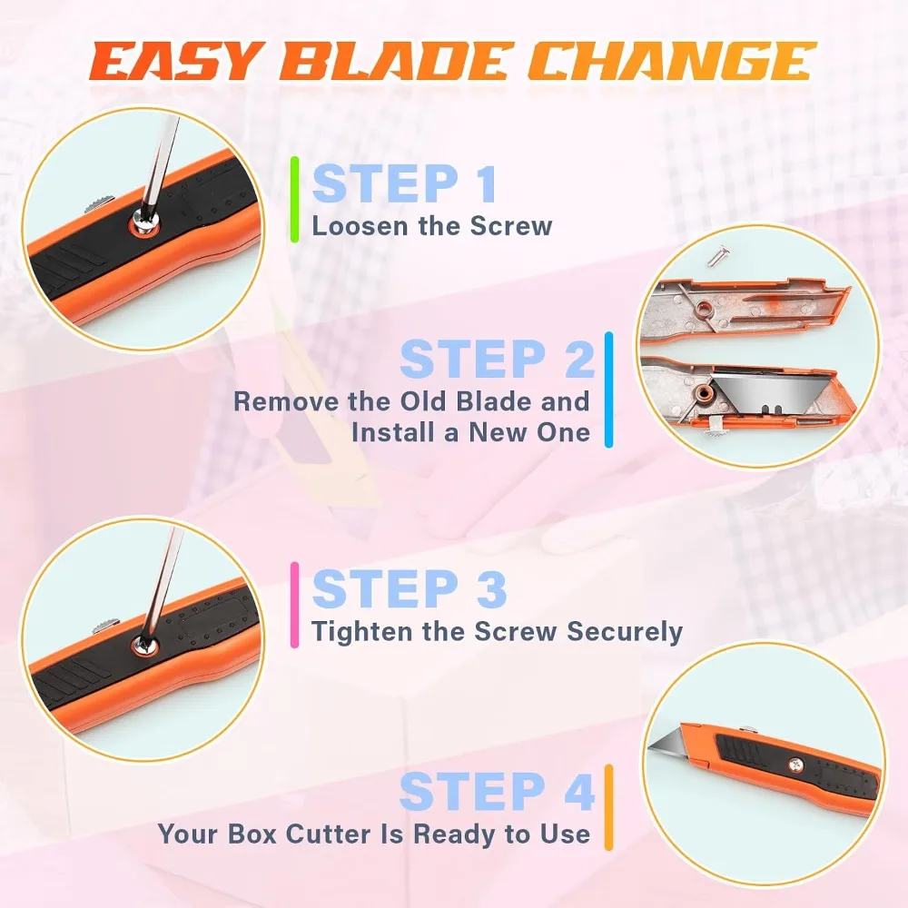 4-Pack Heavy Duty Box Cutter, Retractable Utility Knife with 10 Extra Blades, Zinc Alloy, for Cardboard, Boxes, Vinyl, Carpet, Leather view 5