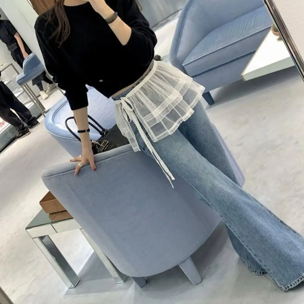 新しい刺繍フラワーレースミニスカートシースルー原宿レースアップフリルスカート Y2K ストリート尻カーテンジーンズ装飾