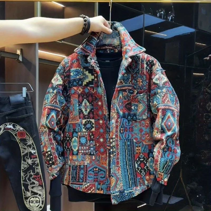 سترة قميص جاكار ملونة منسوجة للرجال بنمط عرقي سترة دافئة من القطن فضفاضة عصرية #2