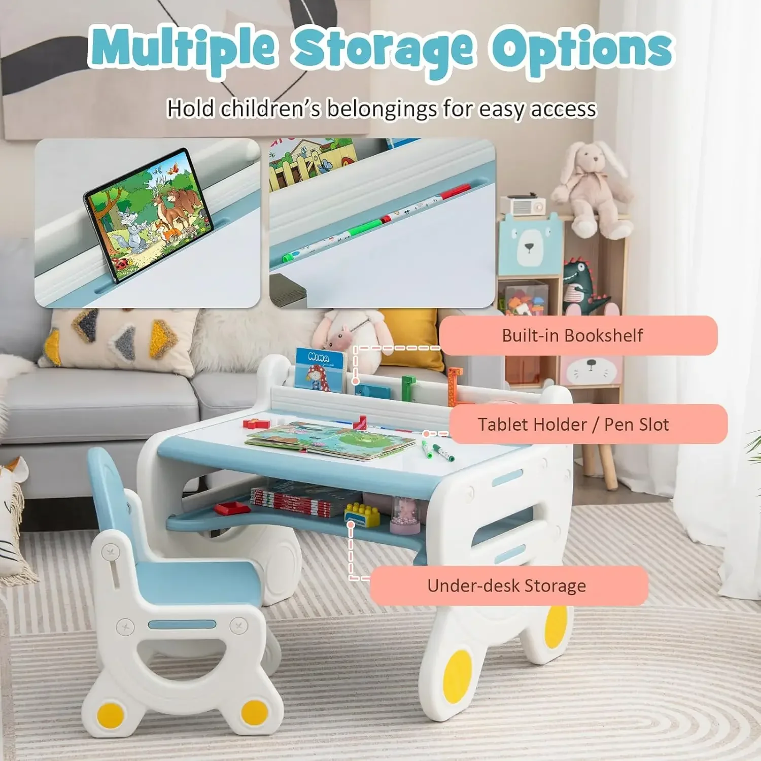 children's chair, plastic activity table with interconnecting pens, chalkboard eraser and storage shelf for drawing, reading