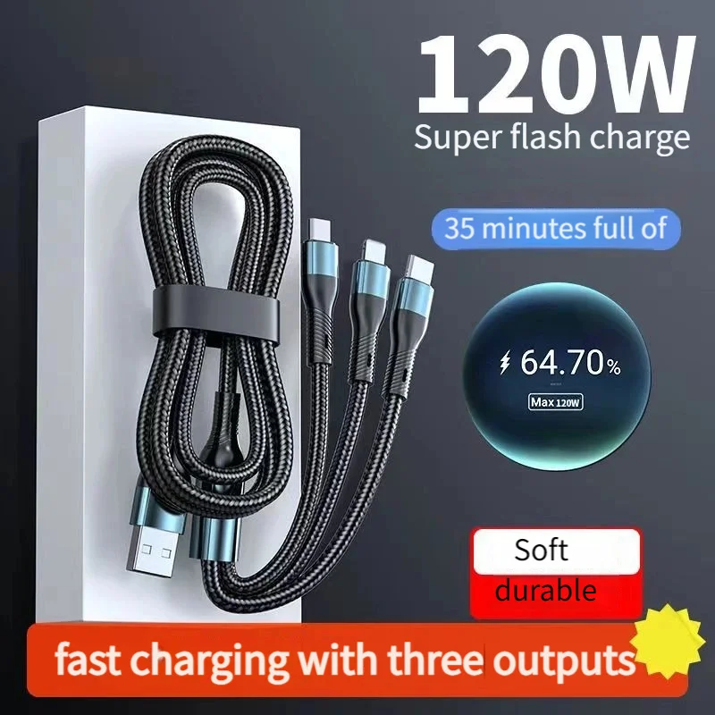 3 in1 USB Charging Cable with Nylon Braided Round Cord USB to Lightning/Type-C/Micro USB Connectors Micro For Ios Iphone Android