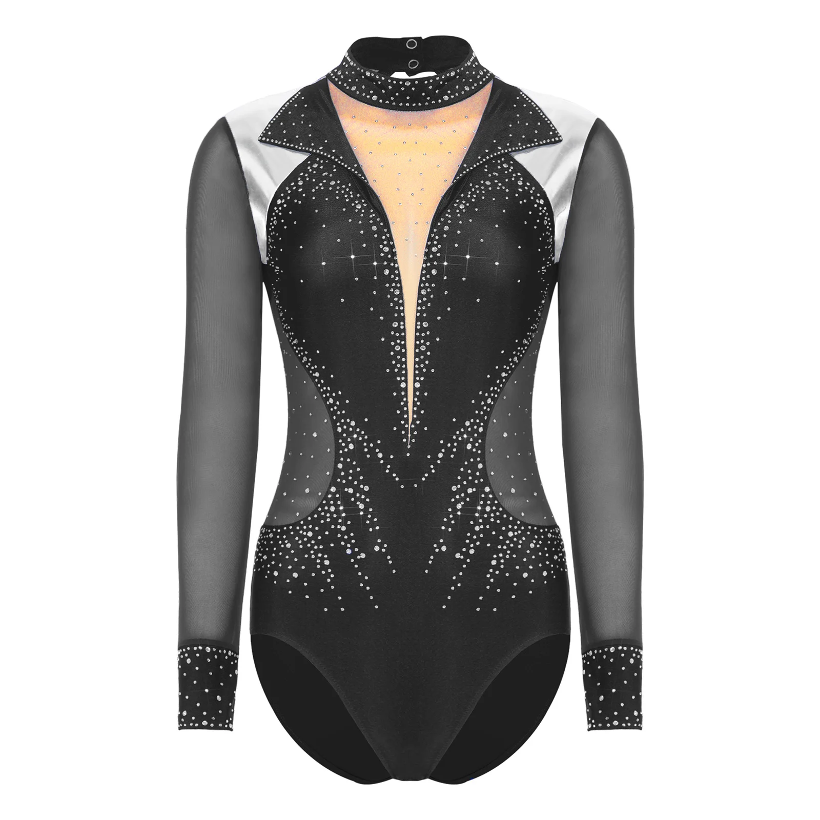 

Women Figure Skating Performance Bodysuit Metallic Shiny Rhinestones Mesh Long Sleeve Gymnastics Acrobatics Ballet Dance Leotard