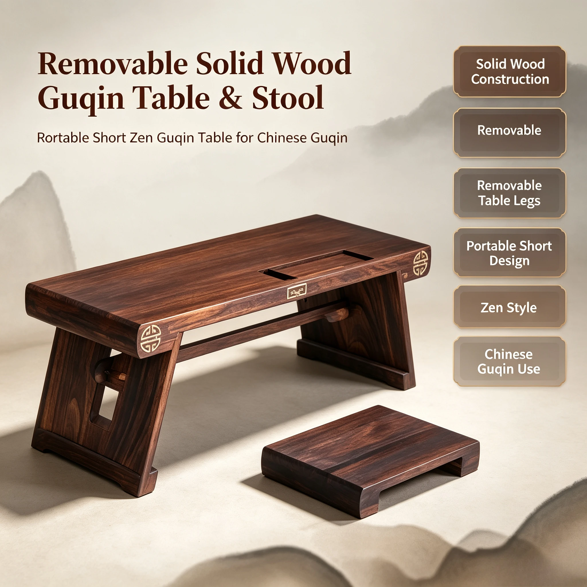 Removable Solid Wood Guqin Table & Stool, Portable Short Zen Guqin Table for Chinese Guqin