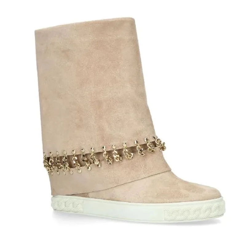 

Roman Woman Beige Suede Chains Linked Calf Hidden Wedge Mid Boots Inner Height Increasing Mid Boots Round Toe Riding Boots