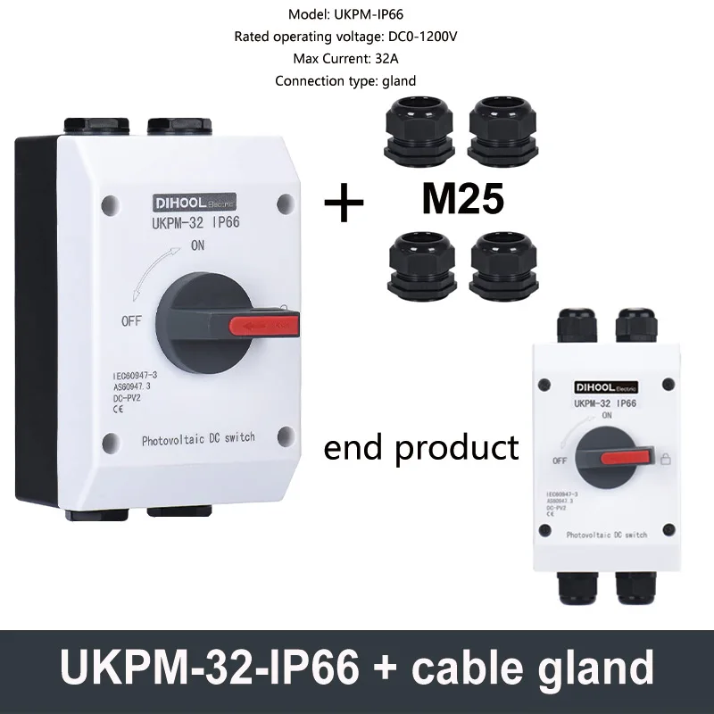 Photovoltaic Electrical Isolator Solar Switch PV Photovoltaic DC Switch UKPM-32 DC500V 1000V 32A 16A Outdoor Waterproof IP66