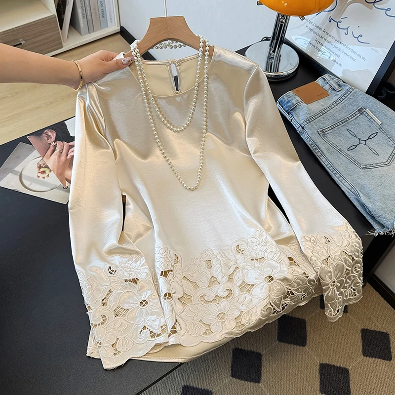 

Новый китайский женский осенний топ с внутренней базой и жилетом из ацетатного атласа с вышивкой Long Sve