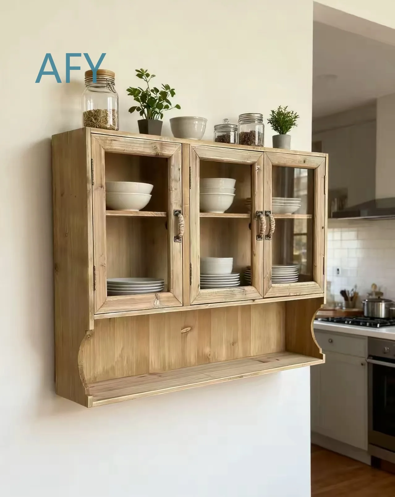 Rustic Wood Wall Cabinet with Glass Doors for Farmhouse Kitchen Storage 29.5x5.9x22.8 Inches Natural Wood Finish Wall Mounted